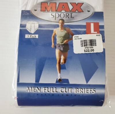 Max Sport Men's 3 Pack Full Cut Briefs Underwear White Cotton Comfort Large L