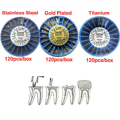 120 Pcs Dental Screw Post Gold/Steel/Titanium Conical Root Canal Pins + Key