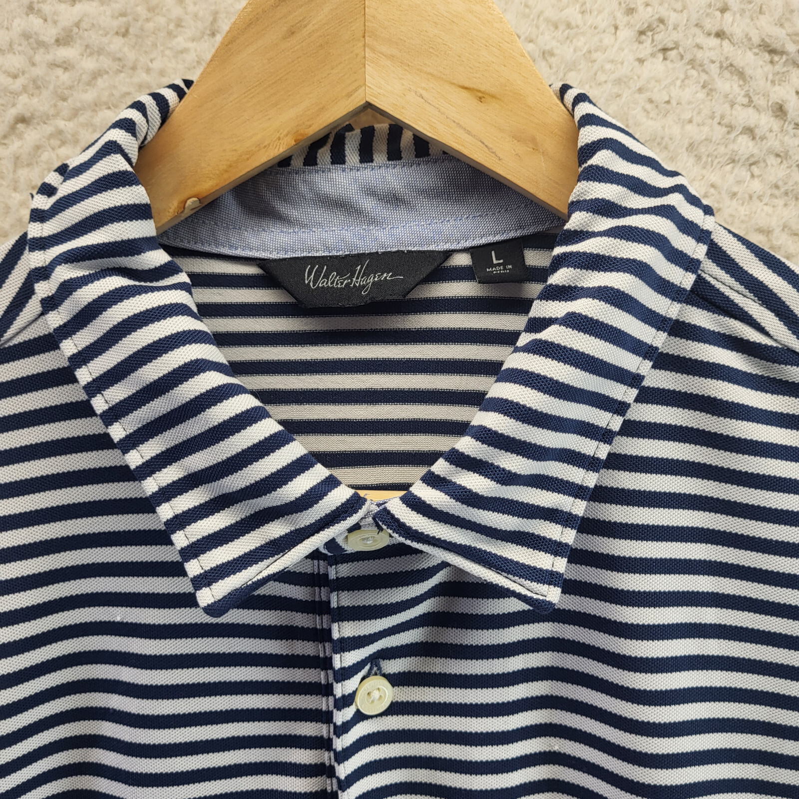 Walter Hagen Golf Polo Shirt Mens Large Blue White Striped Short Sleeve