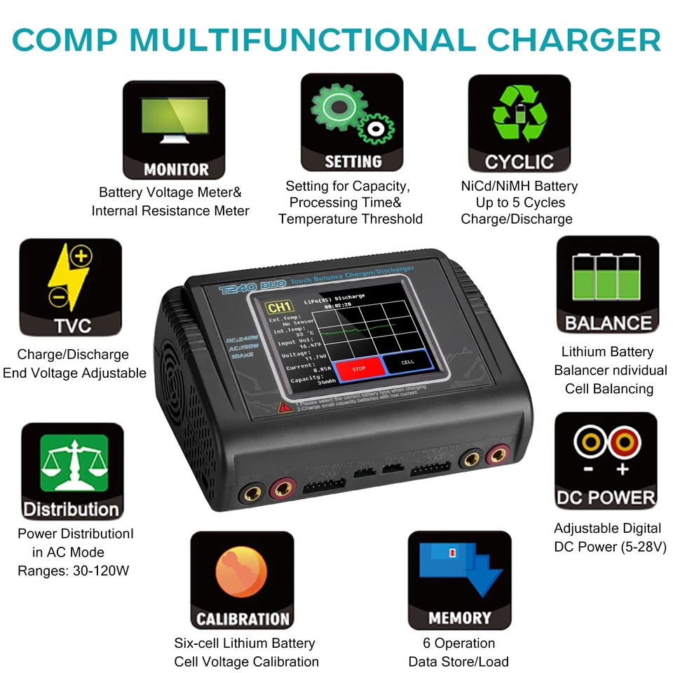 10A RC Lipo Battery Charger Dual Channel Touch Screen Discharger DC 240W AC 150W - Image 3 of 4