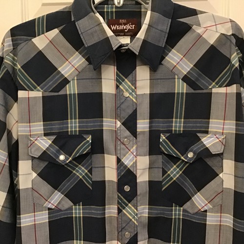Vintage Wrangler Pearl Snap Western Shirt Mens Large 16 16.5 Blue Plaid Cowboy - Picture 2 of 8