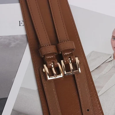 Damen Obi Gürtel D-Ring Schnalle Breiter Fake-Leder Taillenriemen Schwarz - Bild 1 von 4