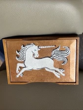 Vintage Unicorn Trinket Box Lined Wood Cork Enamel Lift Off Lid 6.5x4x1.25 inch