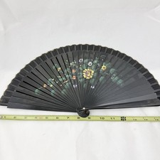 Vintage Hand Painted Hand Fan Black Floral Made In Spain