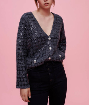 Maje Womens Cardigan Grey Oversized Sequins Wool Mix Size 1 S