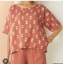 Lisa Bayne Shirt Womens Small Geometric Linen Top Made in USA Pockets