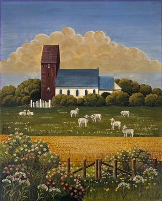 *GEMÄLDE ACRYL A. BETHKE 1981 LANDSCHAFT KIRCHE LAMM NAIVE ORIG - Bild 1 von 4