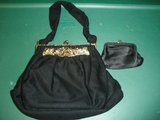Vintage Handmade Black with Gold Tone Trim Handbag by Clair's Kisslock P88A 