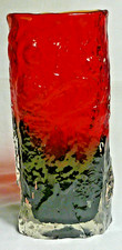 Vintage 60s/70s Tajima Japanese Bark Textured Glass Square Vase Ruby Red Black