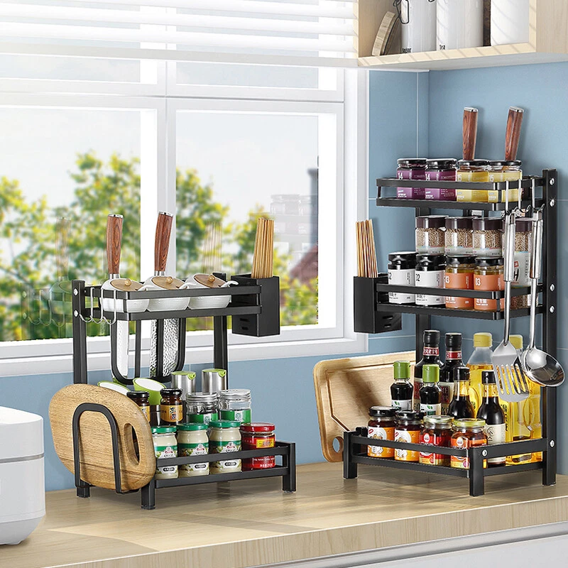 2 Pack Black Three Tier Kitchen Bathroom Countertop Seasoning Storage Rack  Counter Organizer Spice Rack Shelf Holder for Seasoning Jars,Spice Jars  Sauce Bottles 