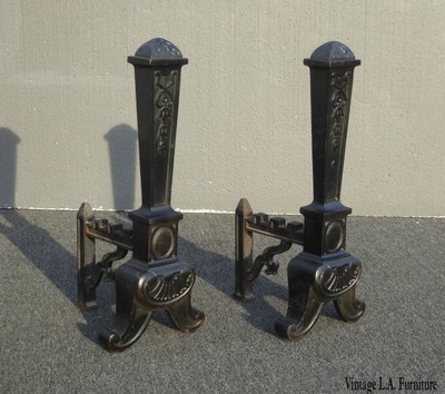Pair Of Vintage Wrought Iron Black Fireplace Andirons French