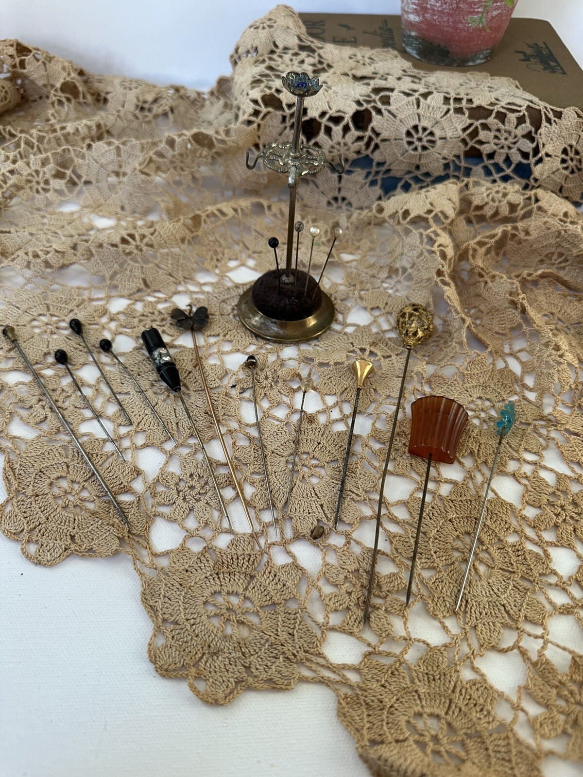 Antiqie Victorian Hat Pin Stand/Holder with a Collection of 15 Vintage