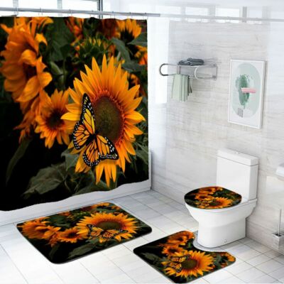 Abstract Sunflower Bathroom Shower Curtain NonSlip Bath Mat Toilet Lid Cover Set