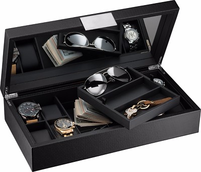 Glenor Co Luxury Watch and Sunglasses Box with Valet Tray for Men -14 Slot  Black