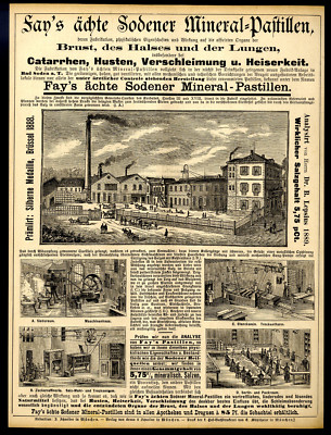 Fay's ächte Sodener Mineral-Pastillen mit historischen Fabrikansichten 1889
