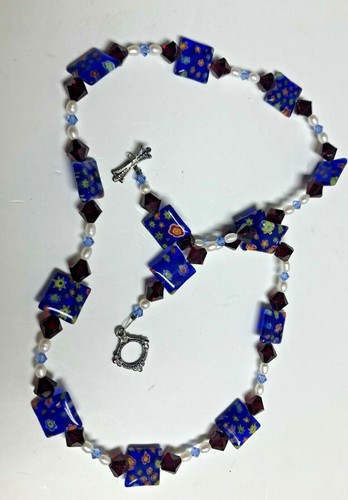 Blue Millefiori Glass & Red Cubes w/ Pearls Necklace