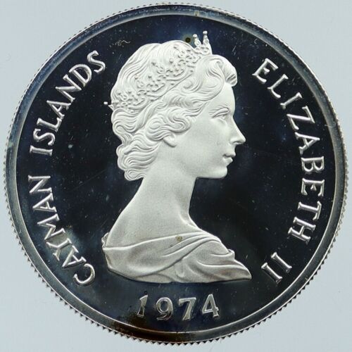 1974 CAYMAN ISLANDS Queen Elizabeth II w Flower Proof Silver Dollar Coin i118345 - 第 1/2 張圖片