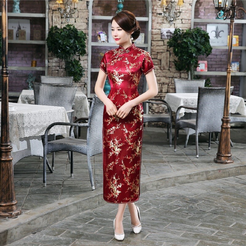 Chinese Traditional Embroidery Qipao Women Silk Satin Cheongsam Evening  Dresses
