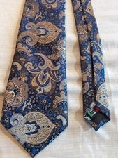 Brand Q Neck Tie Paisley Floral Blue Gold Italy MicroFiber