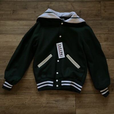 DeLONG Green Letterman Jacket  Snap Front  Wool Sleeves White Collar Small NWT