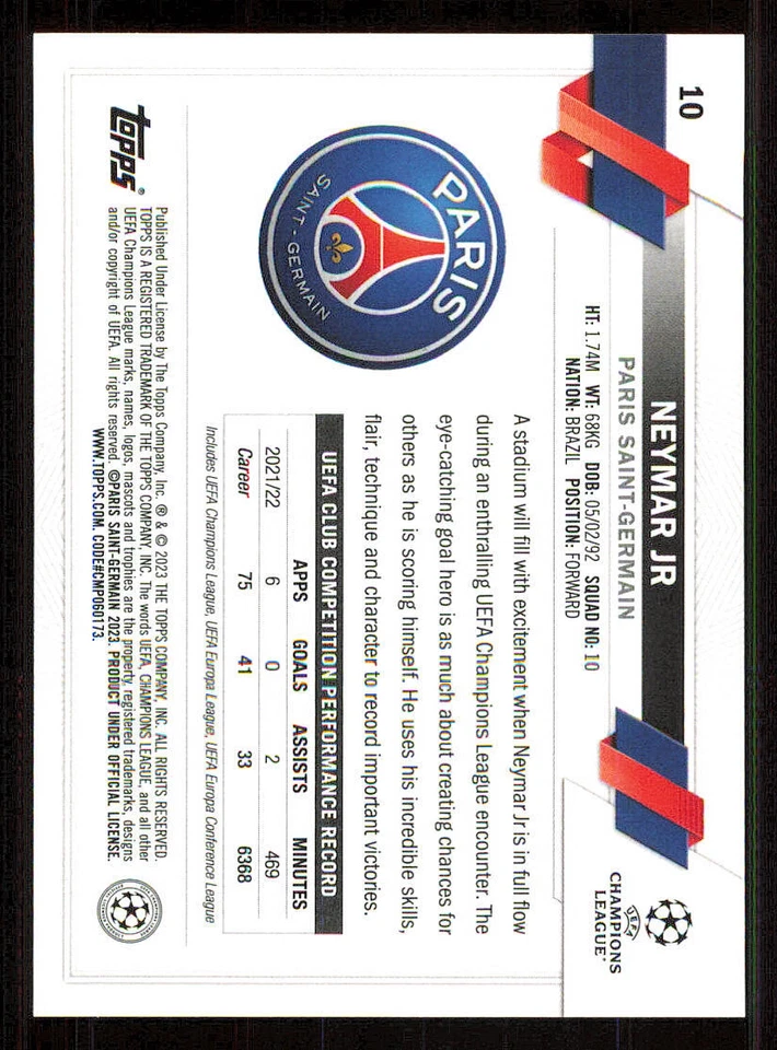 2022-23 Topps Chrome UEFA Club Competitions #10 Neymar Jr - Image 2 of 2