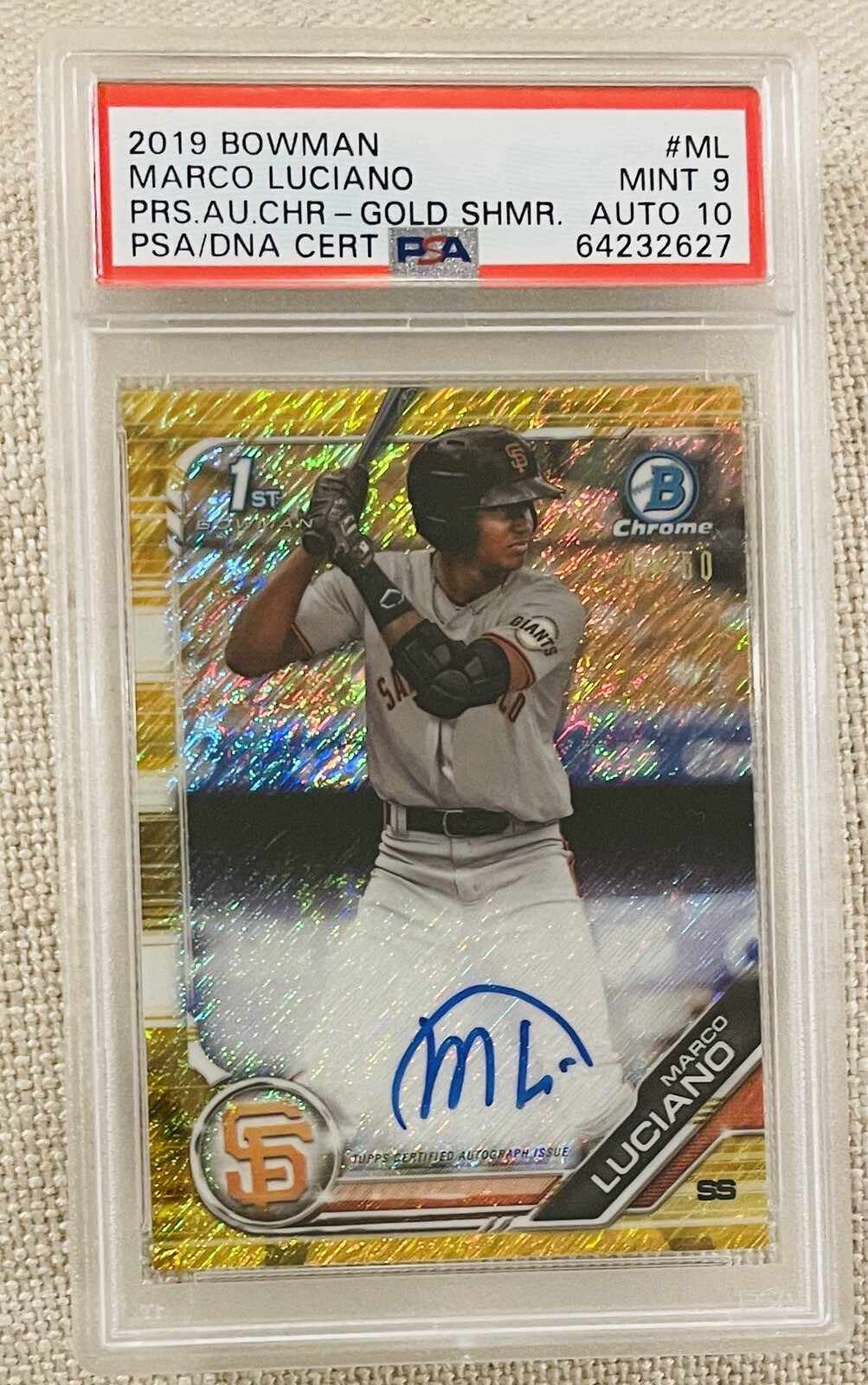 2019 Marco Luciano Bowman Chrome Auto Gold Shimmer Refractor #/50 PSA 9 Auto 10