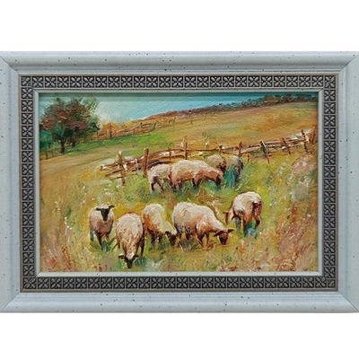 #ad Summer nature Oil painting Original art Rural landscape sheep 6 x 4 inches $40.00