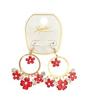 Boho Flower Vintage-Red Flower Hoops Sparkly Crystal Drop Earrings NWT