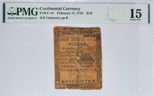 1776 CONTINENTAL CURRENCY $1/6 FEB 17 FR.CC-19 PMG 15 CHOICE FINE