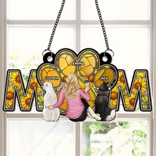 Personalized Mom Suncatcher Acrylic Custom Names Kids Pets Gift Sunflower