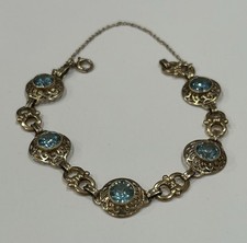 Antique 10k Yellow Gold Blue Zircon Bezel Set Filigree Bracelet - 8.03 G - 6.5”