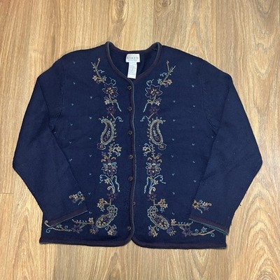 Vintage Koret Wollmischung Paisley Strickjacke Pullover Damen Gr. M blau Strick
