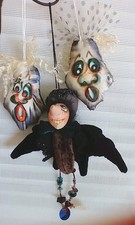 3 Hanging Halloween Ornaments Bat Ghosts Primitives Holiday Seasonal New Ooak