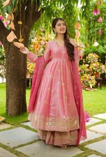 Heavy Crunchy Silk Pink Top Palazzo With Dupatta For Indian Wedding Wear