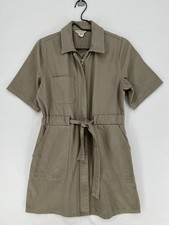 French Connection Utility Shirt Dress Size 8 Khaki Cotton Zip Front Belted