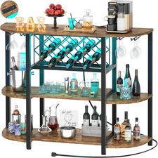 Wine Rack Table with Socket and LED Light, Floor Bar Cabinet for Liquor and G...