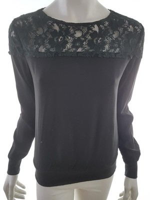 ZARA BASIC Damen Bluse Gr. M Schwarz Langer Ärmel Spitzenstickerei Runder