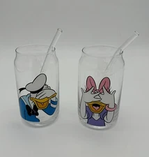 Joy Jolt Disney Donald And Daisy Duck Glasses W/ Glass Straws