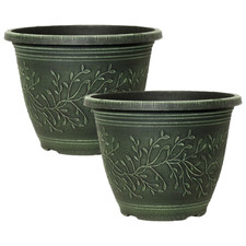 Planter Set of 2 Round 28cm Garden Plant Pot Green Verdigris Flower Deco Rim