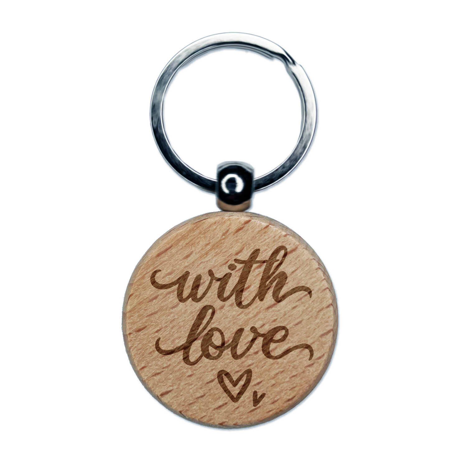 With Love Hearts Engraved Wood Round Keychain Tag Charm