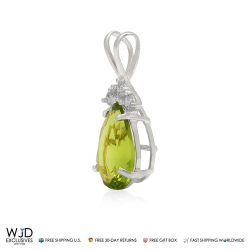 14k White Gold 1.85TCW CZ & Pear Shape Green Peridot Charm Pendant 0.8" - Picture 2 of 4
