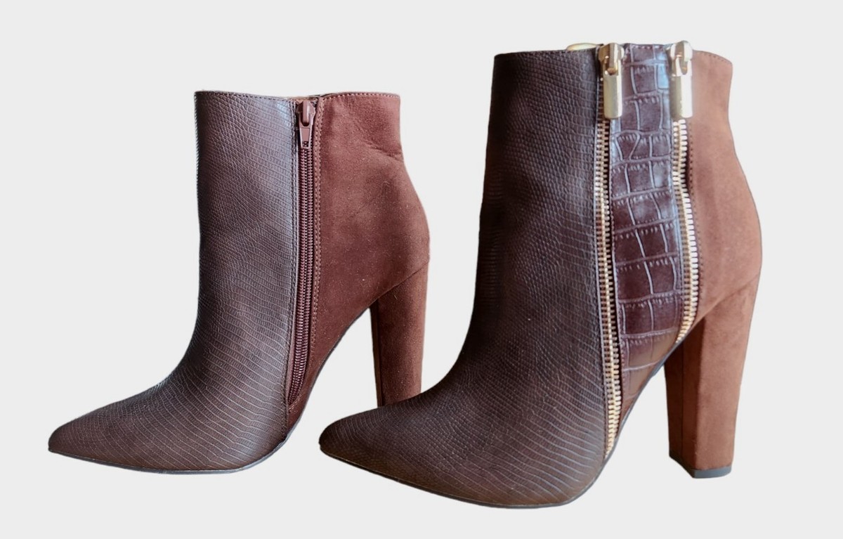 Shoedazzle Brown Low Ankle Double Zipper Boot Diane Size Thick 3