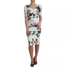DOLCE & GABBANA Dress White Roses Print Stretch Silk Pleated IT38 / US4/XS $2300