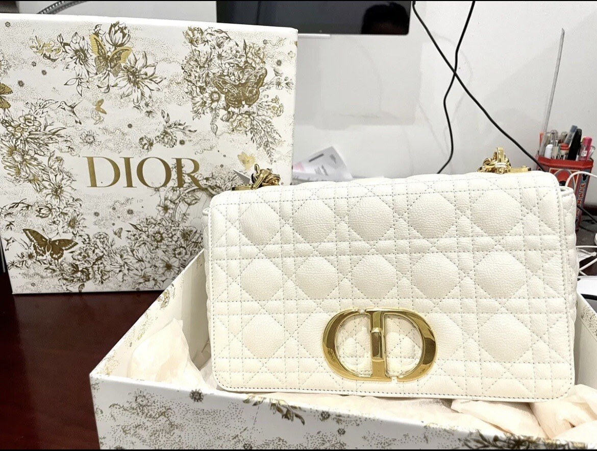 Authentic Genuine Leather Dior Caro White Medium Handbag Calf Skin