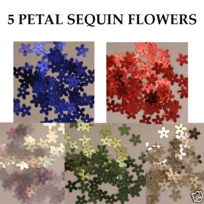 Sequins 5 Petal Flowers Various Colors Red Blue Crystal Iris Green, etc.