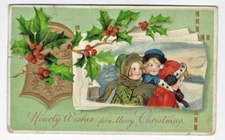 1900's Christmas "Hearty Wishes" Embossed Gold Gilt Children Holly