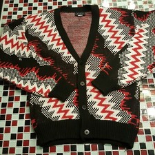 VTG ~ Shain-Del Acrylic ~ RED & BLACK Geometric MEDIUM Cardigan Sweater USA Made