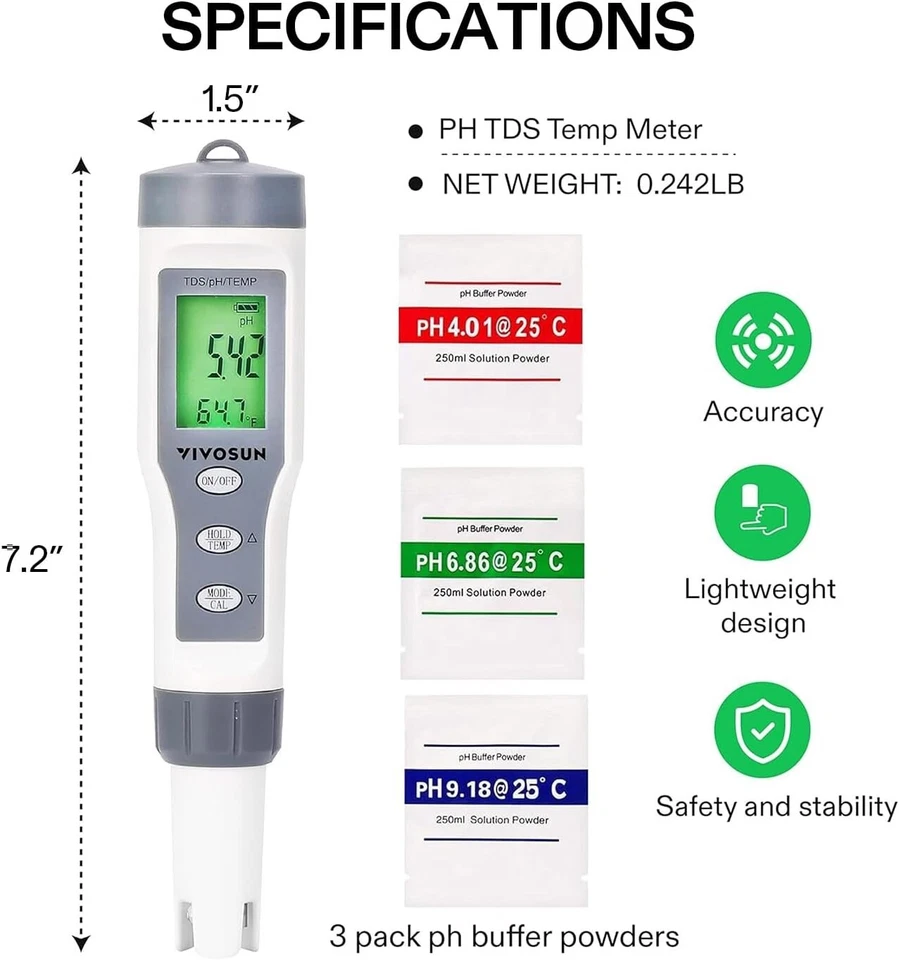VIVOSUN 3-in-1 Digital pH Meter with ATC, ±0.1 pH Accuracy Water Quality Tester - Bild 3 von 4