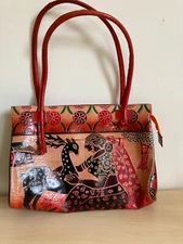 Village Lady Loving a Deer Women's Hand Made Shantiniketan Leather Shoulder Bag