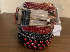NWT UNISEX WESTERN BLACK RED RHINESTONE SKULL BELT WITH BLACK STRAP